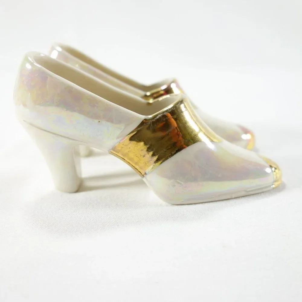 Vintage Collectible Pair of Lustre Porcelain Miniature High Heel Shoes Gold Trim
